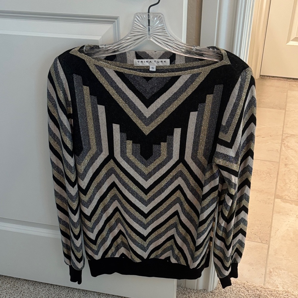 Trina Turk Chevron Pattern Sweater in Black and Gold
